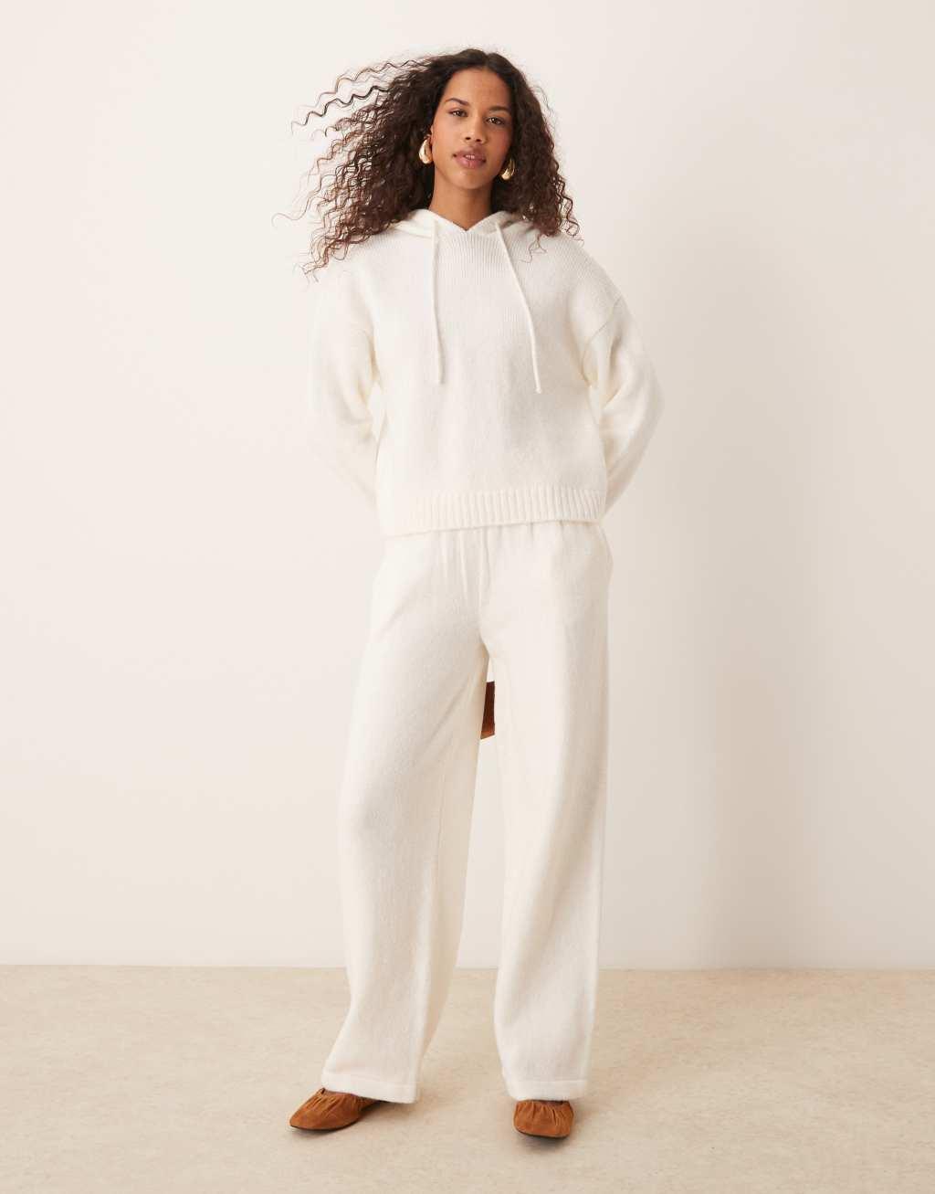 ASOS DESIGN fluffy knitted hoodie in ecru - part of a set Product Image