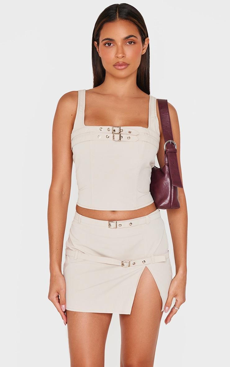 Stone Woven Tailored Belt Detail Crop Top Product Image