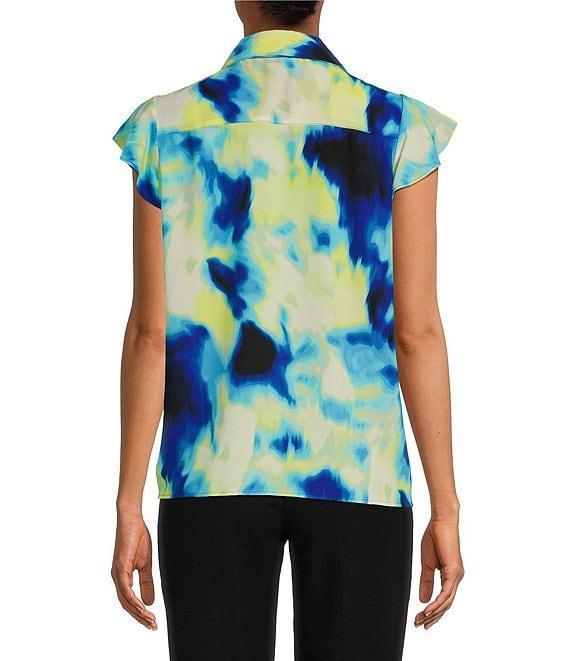 Calvin Klein Printed Collared Ruffle Front Cap Sleeve Button Front Top Product Image