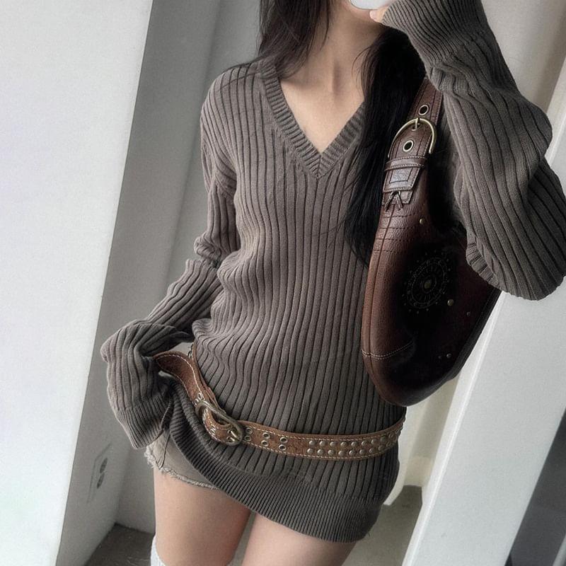 Long Sleeve V-Neck Plain Ribbed-Knit Slim-Fit Sweater Product Image