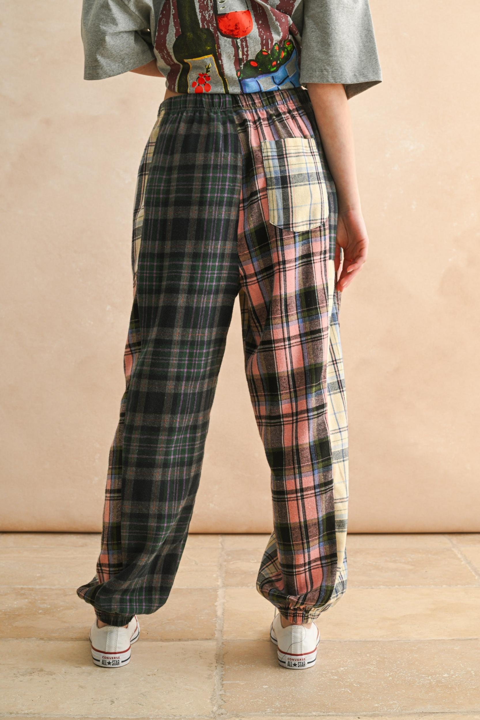 Mixed Plaid Patchwork Relaxed Pants Product Image