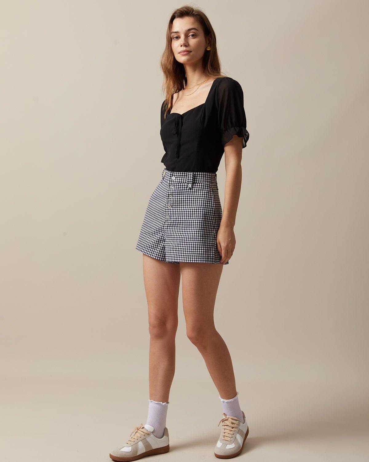 The Black High Waisted Button Up Plaid Shorts Product Image