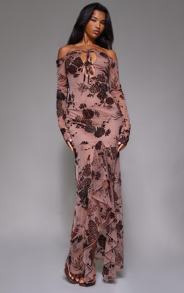 Brown Floral Print Devore Off The Shoulder Long Sleeve Maxi Dress Product Image