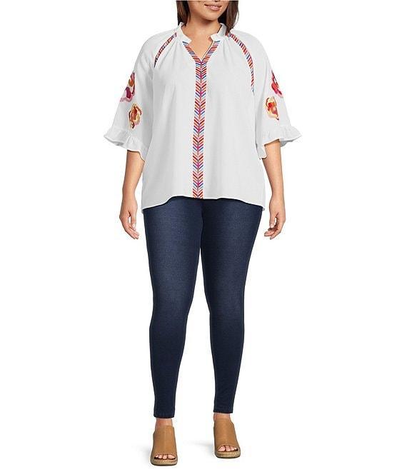 Calessa Plus Size Embroidered Ruffle Split V-Neck Elbow Sleeve Tunic Product Image