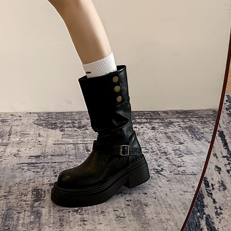 Buckled Platform Mid-Calf Boots Product Image