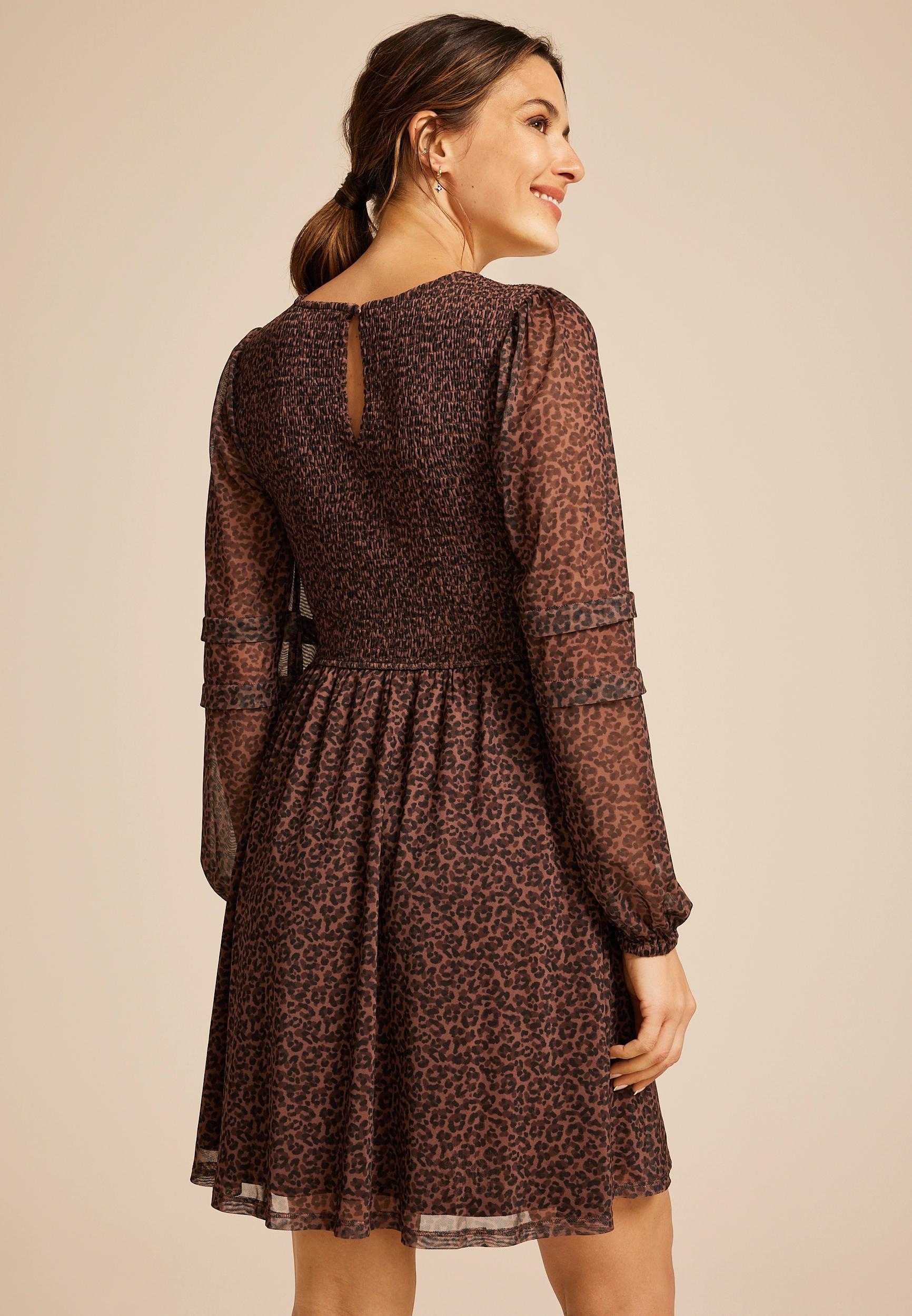 Leopard Print Mesh Smocked Mini Dress Product Image