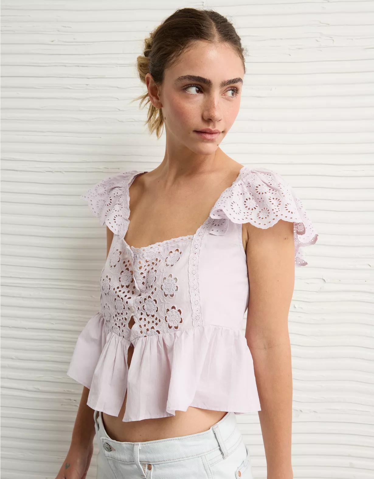 AE Cap Sleeve Eyelet Blouse Product Image