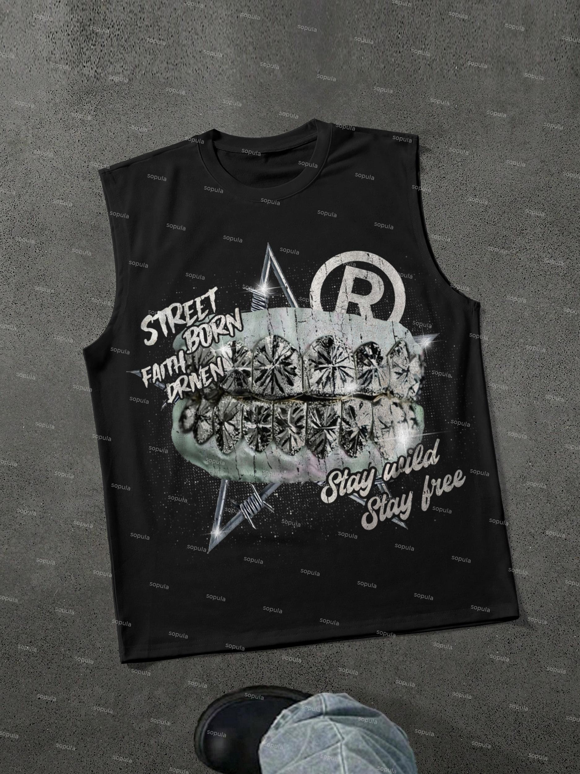 Aged Vintage Stars Plastered Diamond Braces Graphic Sleeveless Shirts Tank Top Product Image