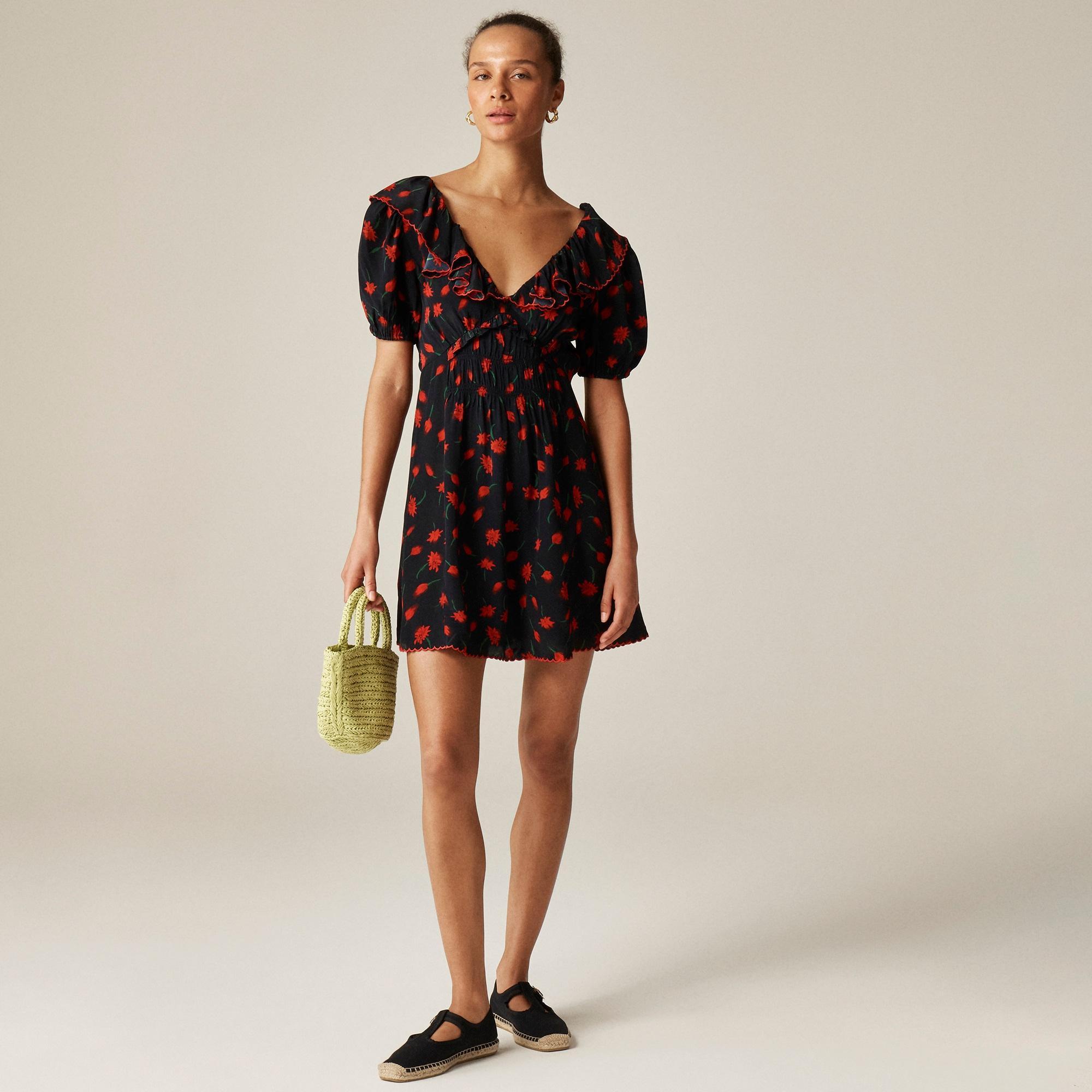 Ruffle-collar mini dress in painted daisy print Product Image