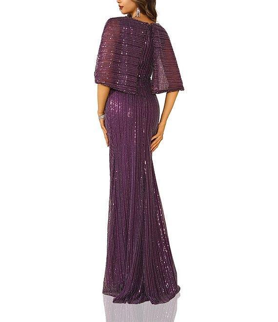 Terani Couture Round Neck Sequin Tulle Ruched Front Capelet Gown Product Image