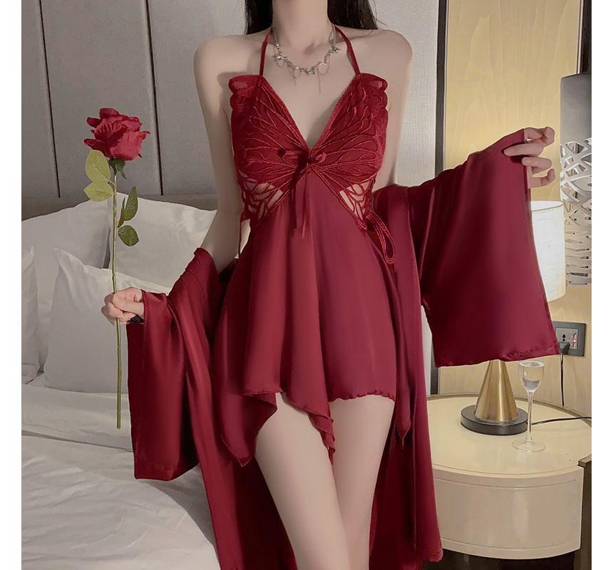 Halter Butterfly Patterned Nightdress / Plain Tie Front Robe Product Image