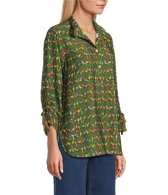 John Mark Woven Parrot Print Wire Collar 3/4 Cinched Tie Sleeve Hi Low Hem Button Front Tunic Product Image