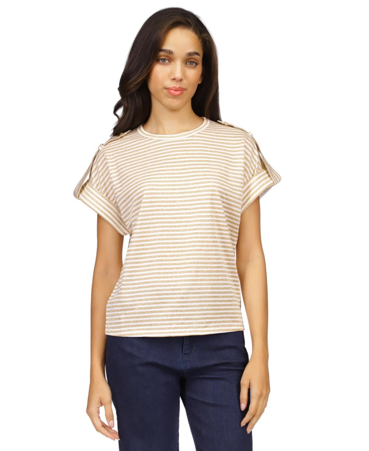 MICHAEL Michael Kors Stripe Snap Epaulette T-Shirt (Midnight Blue/Gold) Women's Clothing Product Image