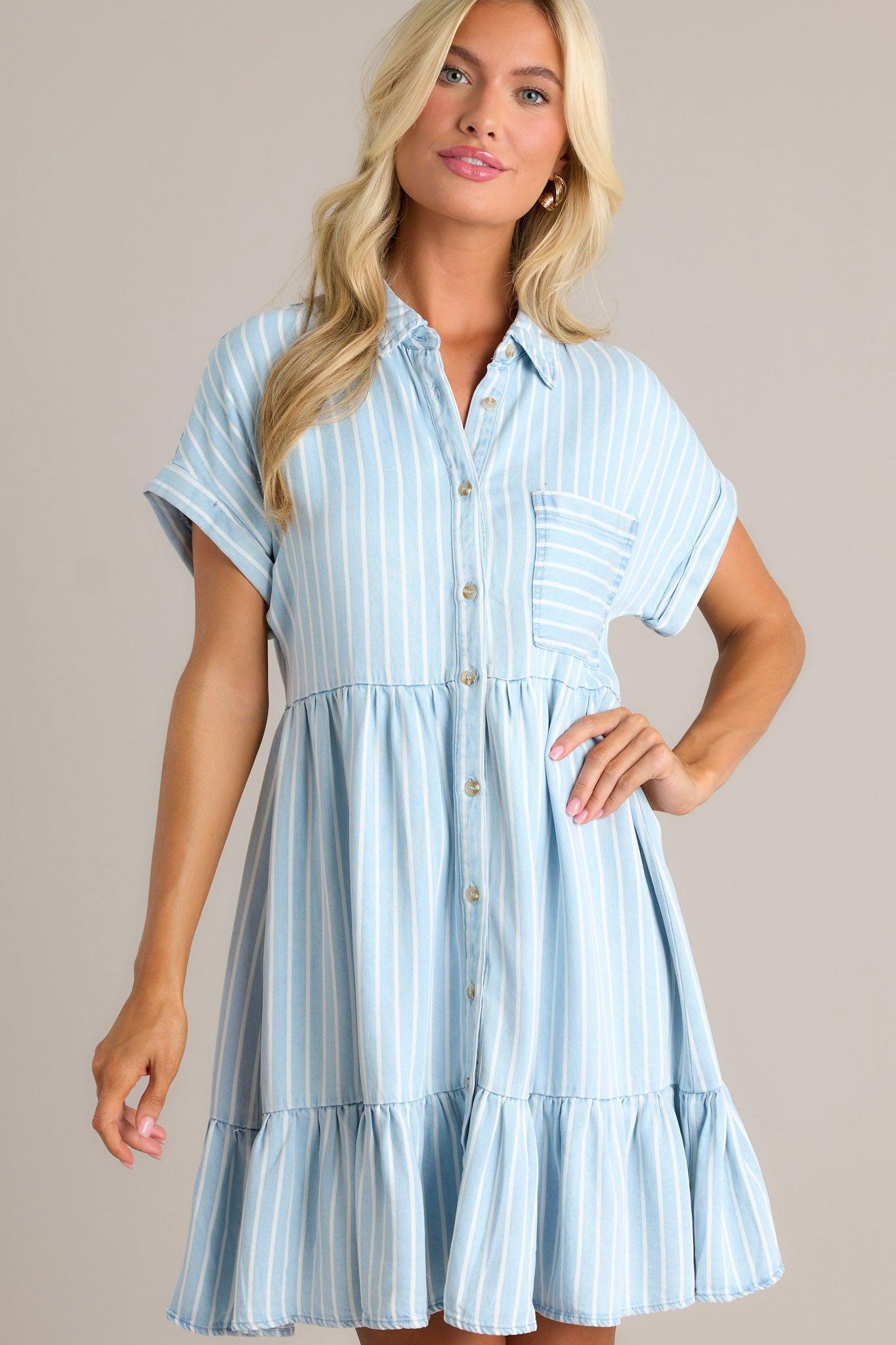 Whispering Waves Chambray Stripe Short Sleeve Mini Dress Product Image