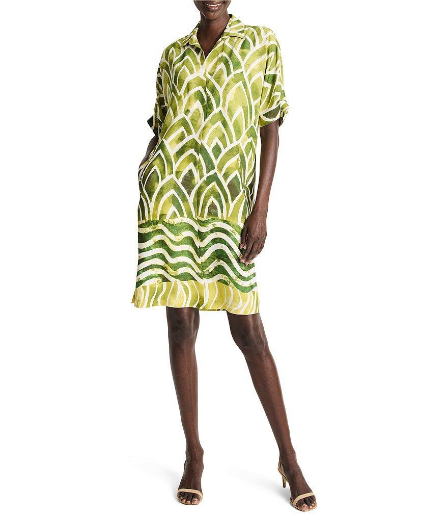 NIC + ZOE Devon Aloe Palms Print Point Collar Short Sleeve Shirt Dress Product Image