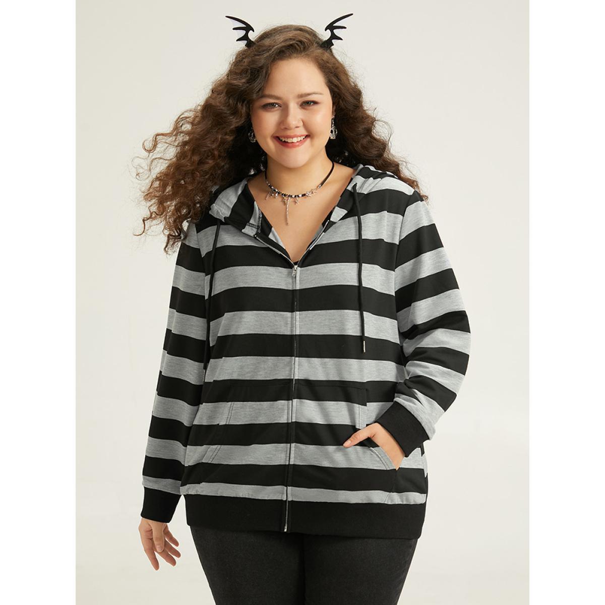 Plus Size Striped Hooded Pocket Zipper Sweatshirt Women Black Casual Elastic cuffs Hooded Festival-Halloween Sweatshirts BloomChic 22-24/3X Product Image