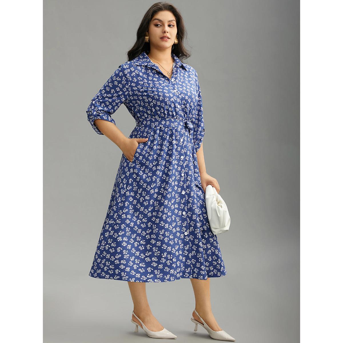 Plus Size Ditsy Floral Belted Button Through Tab Sleeve Dress Aegean Women Office Belted Shirt collar Elbow-length sleeve Curvy Midi Dress BloomChic 14-16/1X Product Image