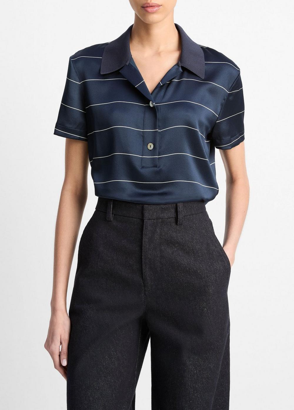 Womens Knit-Collar Striped Silk Polo Shirt Vince Product Image