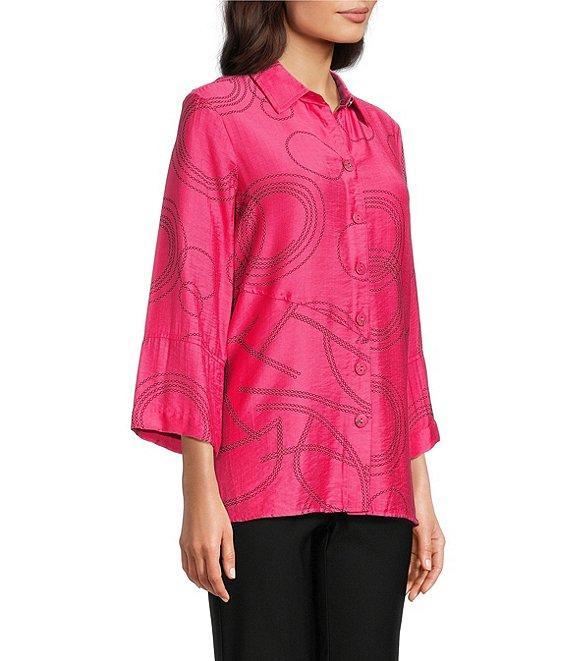 Ali Miles Petite Size Woven Geometric Print Point Collar 3/4 Sleeve Button Front Tunic Product Image