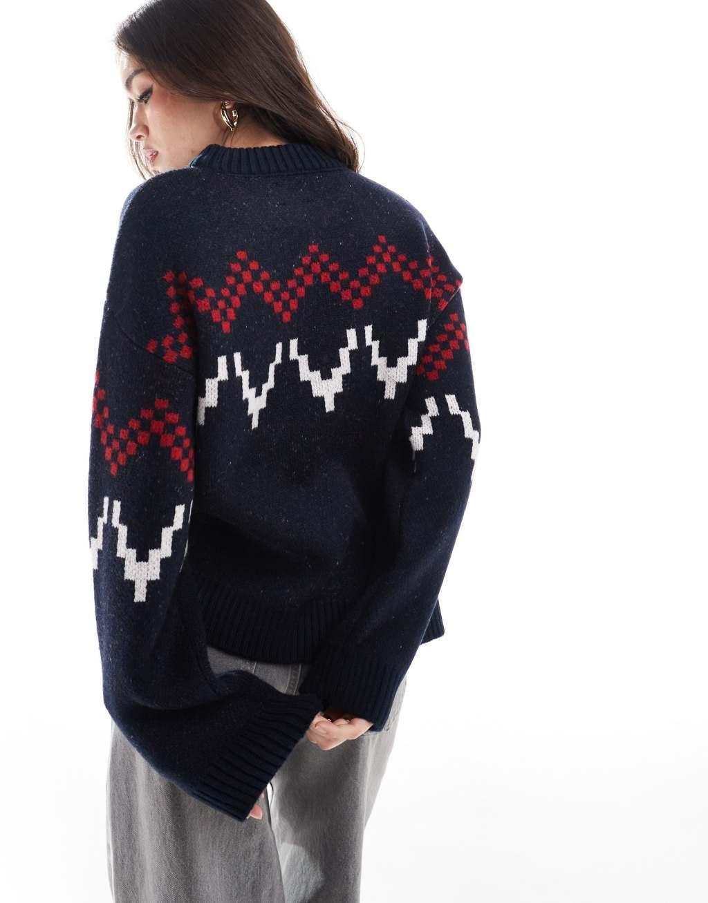 ASOS DESIGN fluffy knit Fair Isle sweater in navy Product Image