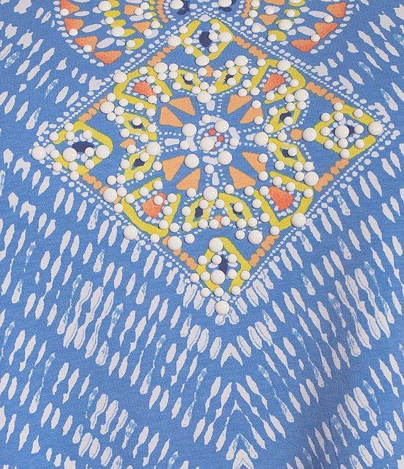 Ruby Rd. Plus Size Knit Embellished Medallion Placement Border Print Split V-Neck 3/4 Sleeve Top Product Image