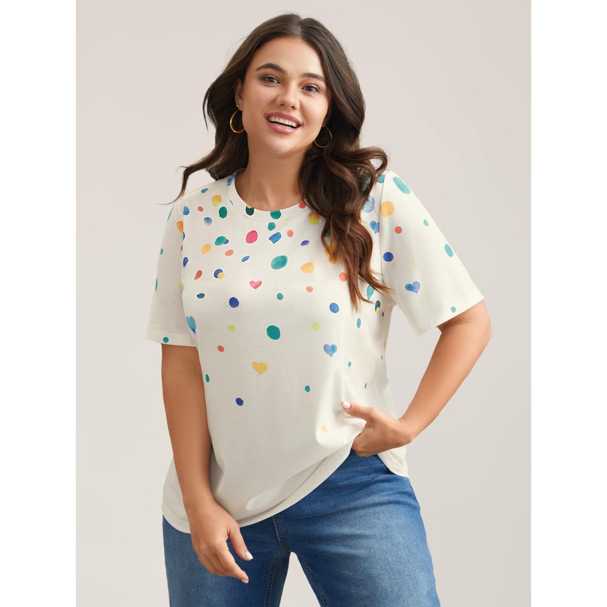 Plus Size Geometric Print Crew Neck Fitted T-Shirt Multicolor Women Playful Non Round Neck Casual T-shirts BloomChic 10/M Product Image