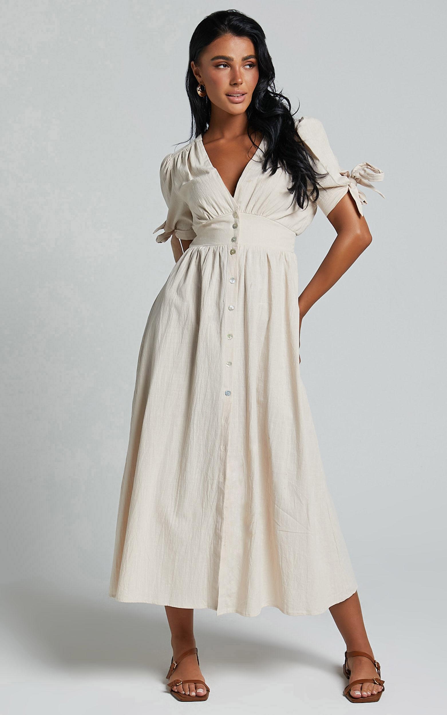 Avegail Midi Dress - V Neck Button Through Short Sleeve Dress in Bone Product Image