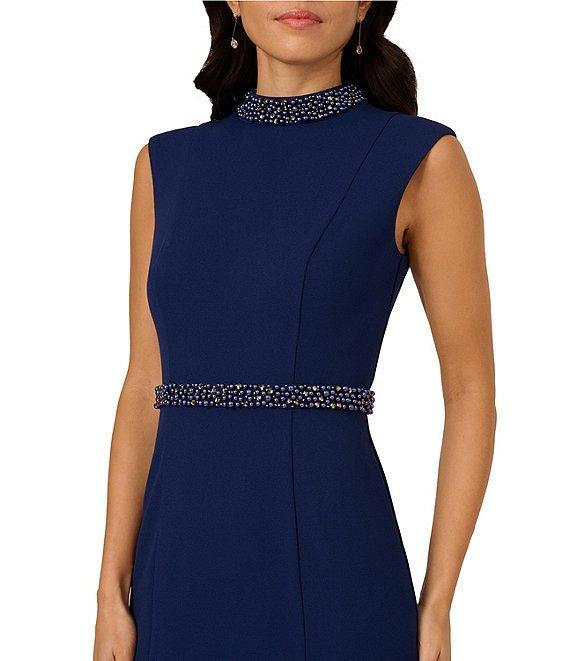 Adrianna Papell Mock Neck Pearl Trim Sleeveless Crepe Sheath Godet Hem Midi Dress Product Image