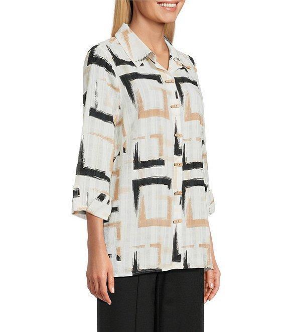 Multiples Petite Size Yarn-Dyed Geometric Print Point Collar 3/4 Turn-Up Sleeve Button Front Shirt Product Image