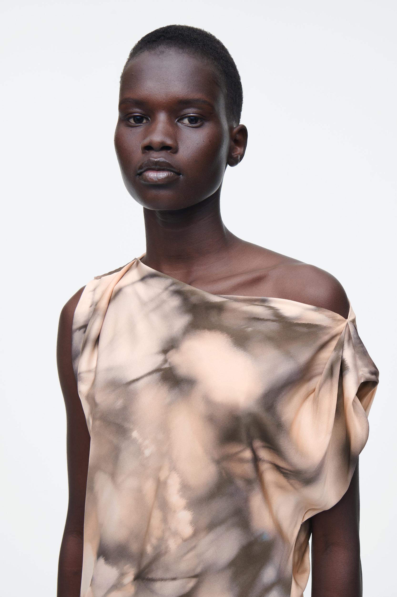 PRINTED DRAPED SILK DRESS Product Image