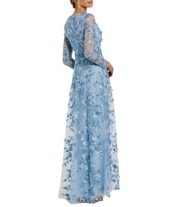 Mac Duggal Floral Applique Split V-Neck Illusion Long Sleeve Gown Product Image