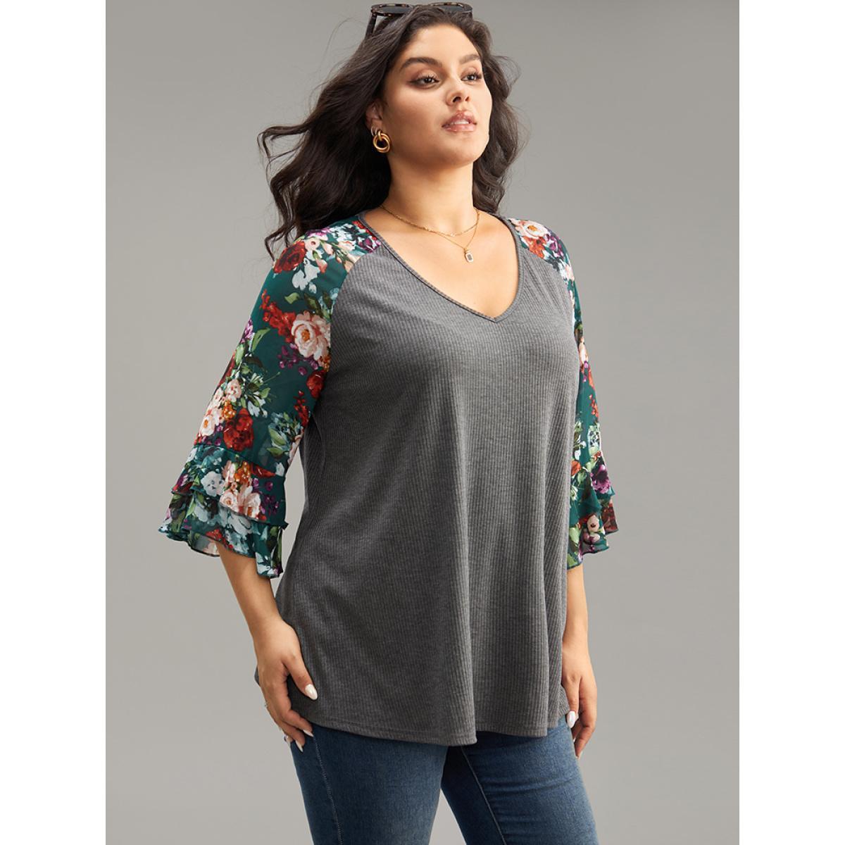 Plus Size Floral Patchwork Flutters Raglan Sleeve T-shirt DimGray Women Elegant Printed Floral V-neck Dailywear T-shirts BloomChic 28/5X Product Image