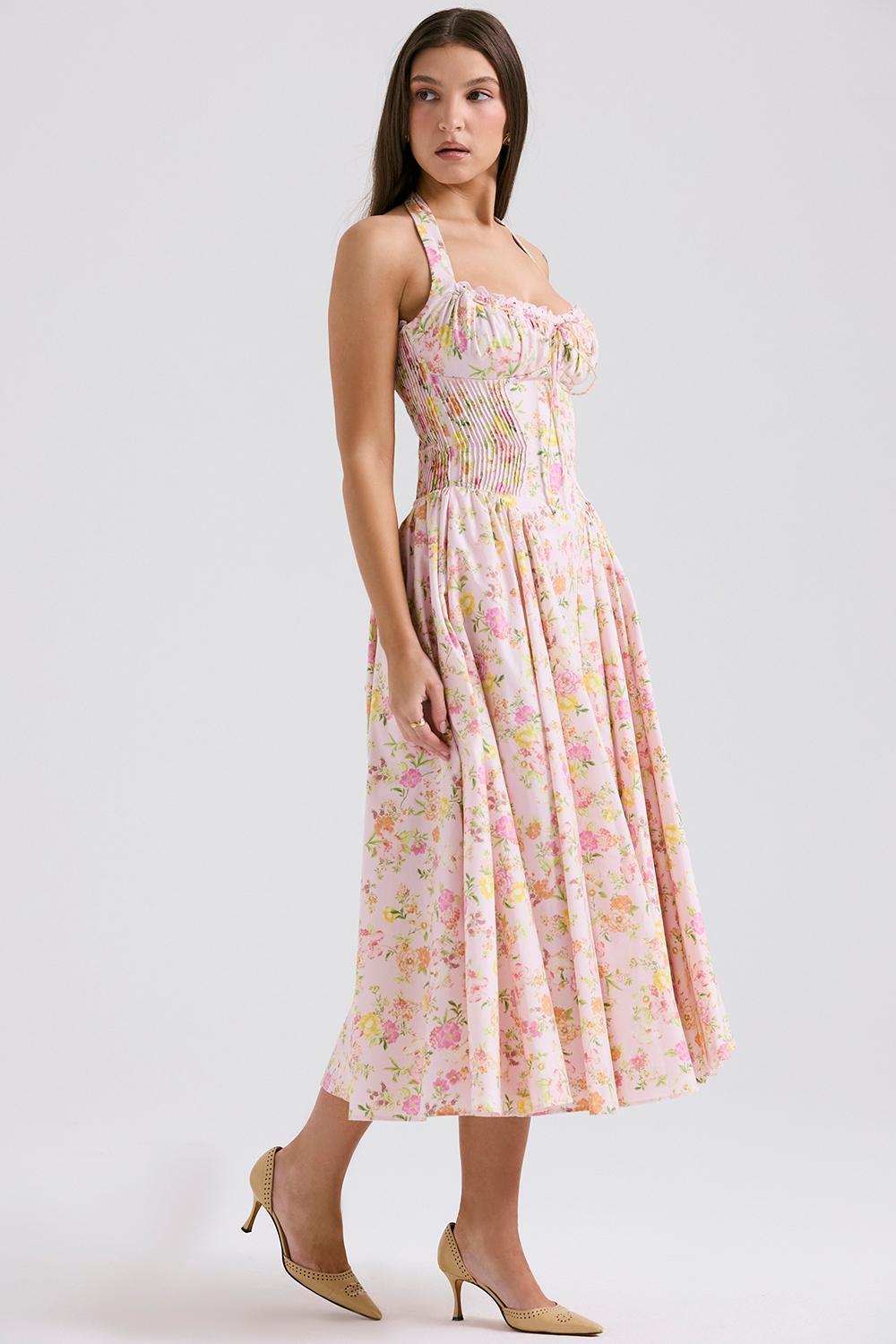 Adabella Pink Meadow Print Cotton Halter Midi Sundress Product Image