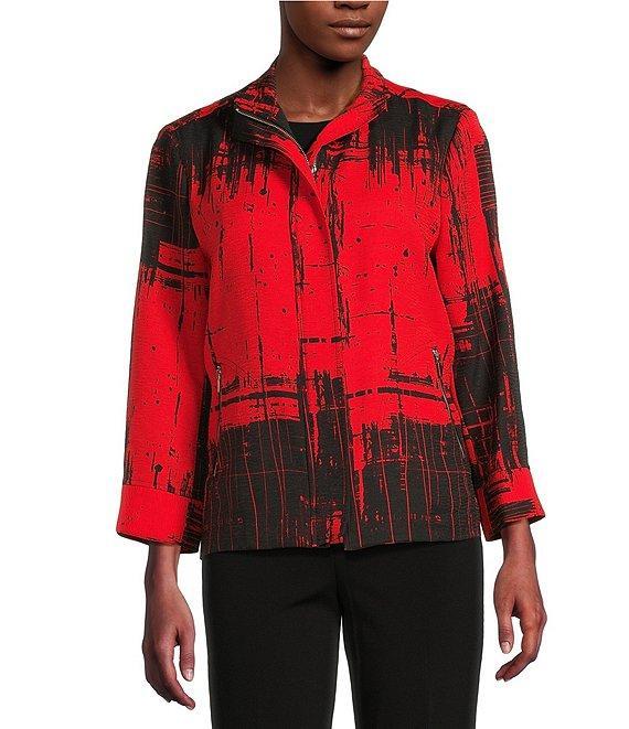 Ali Miles Abstract Print Soft Collar 3/4 Sleeve Zip-Up Jacket Product Image