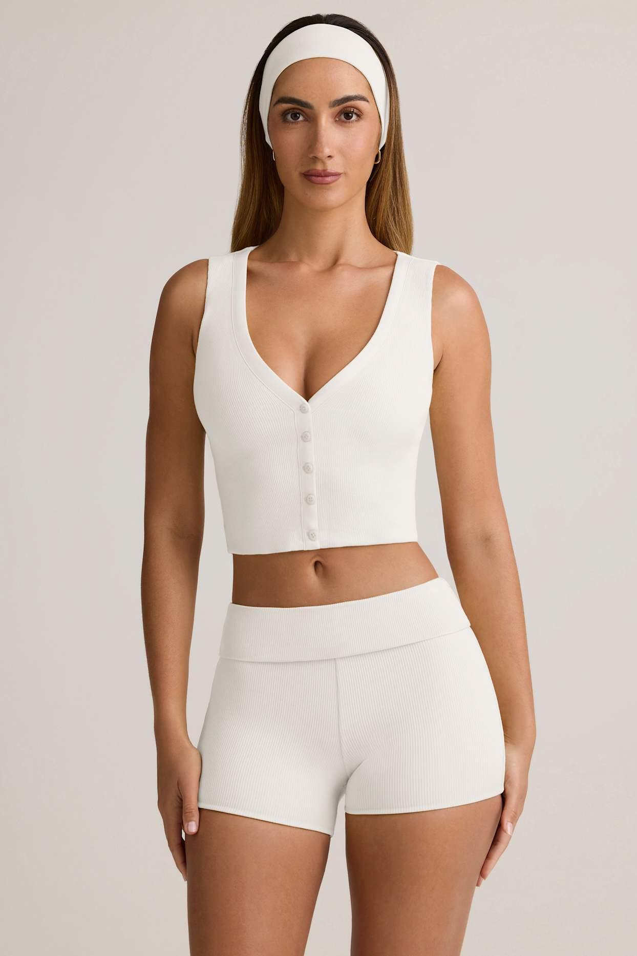 Modal Ribbed Button-Up Vest Top in White Product Image