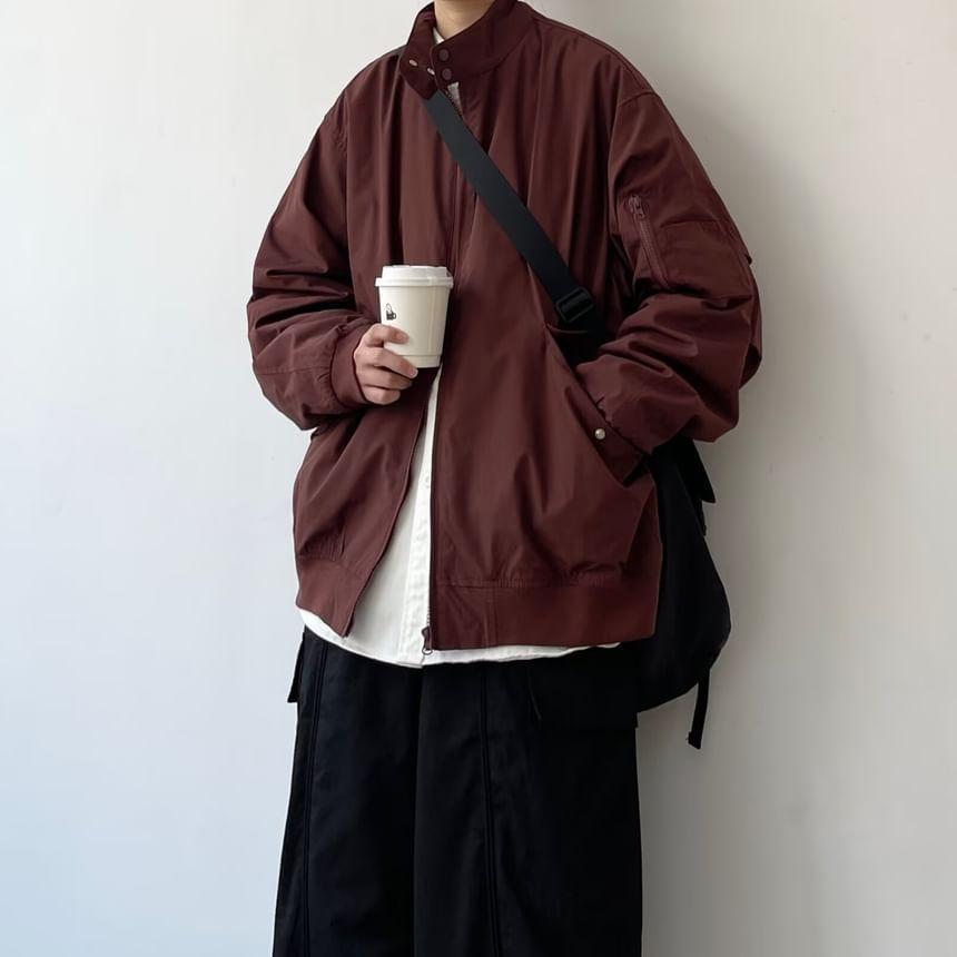 Stand Collar Plain Zip-Up Bomber Jacket Product Image