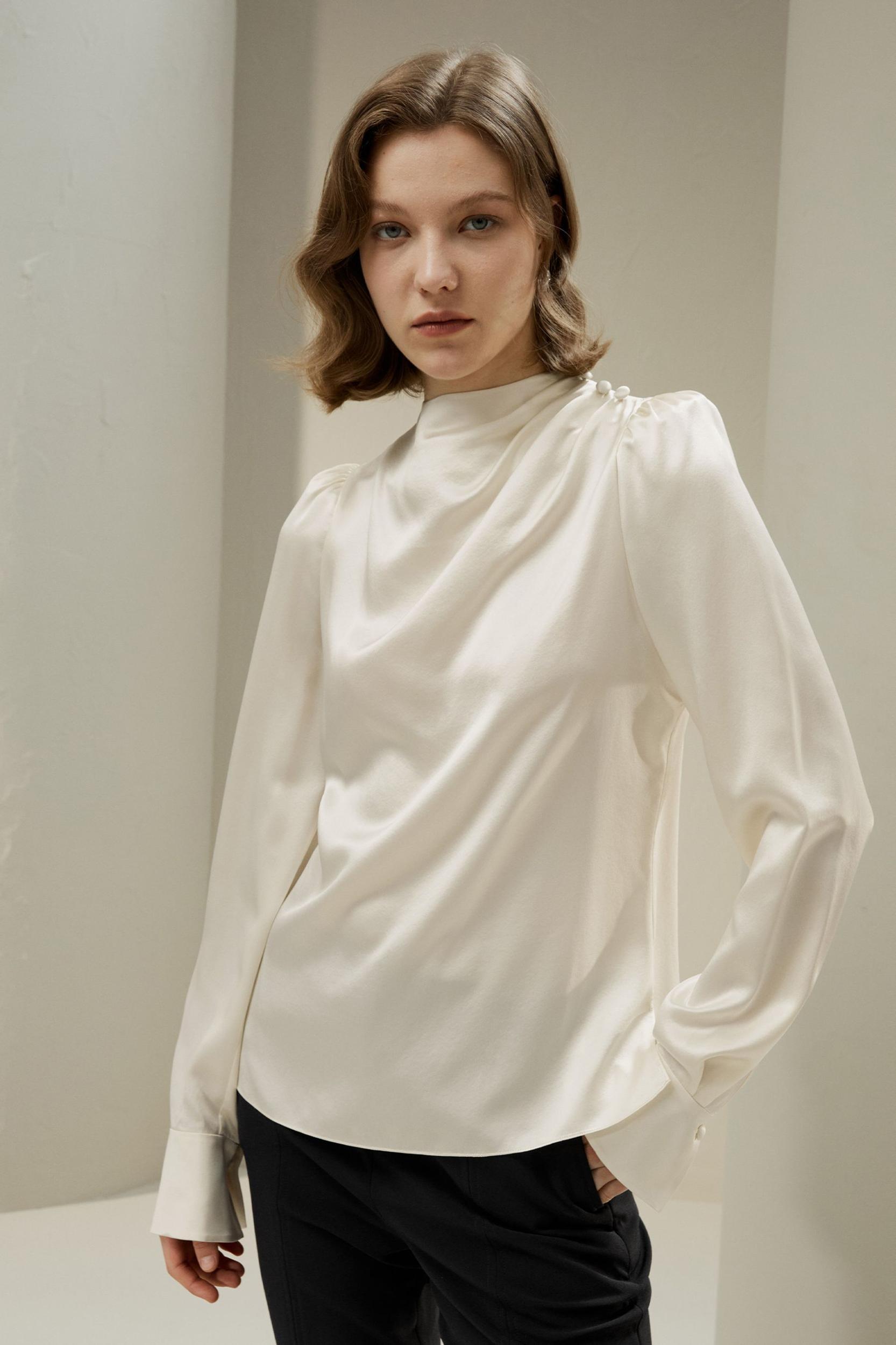Asymmetrical Silk Blouse with Puff Sleeves Product Image
