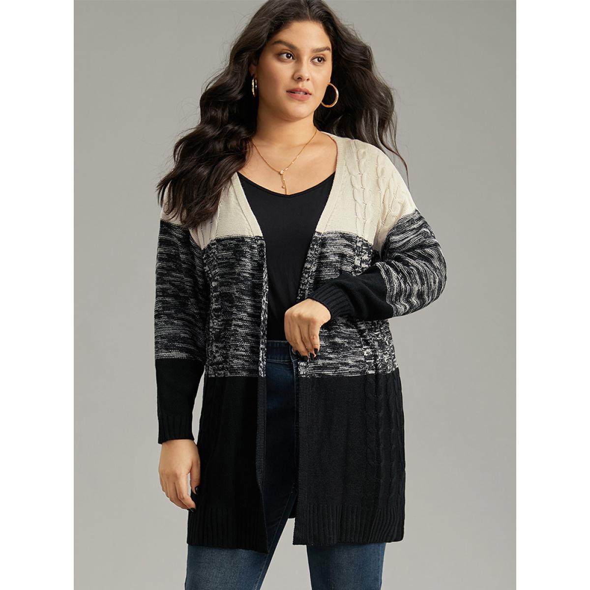 Plus Size Colorblock Contrast Heather Open Front Cardigan Black Women Casual Loose Long Sleeve Dailywear Cardigans BloomChic 22-24/3X Product Image