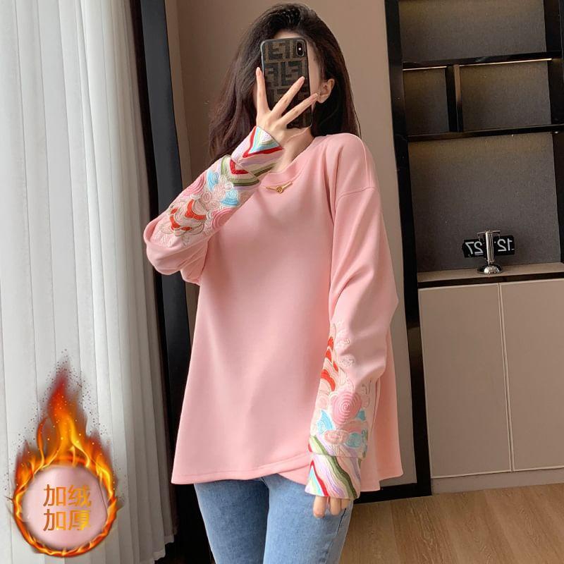 Round Neck Floral Embroidered Oversized Pullover Product Image