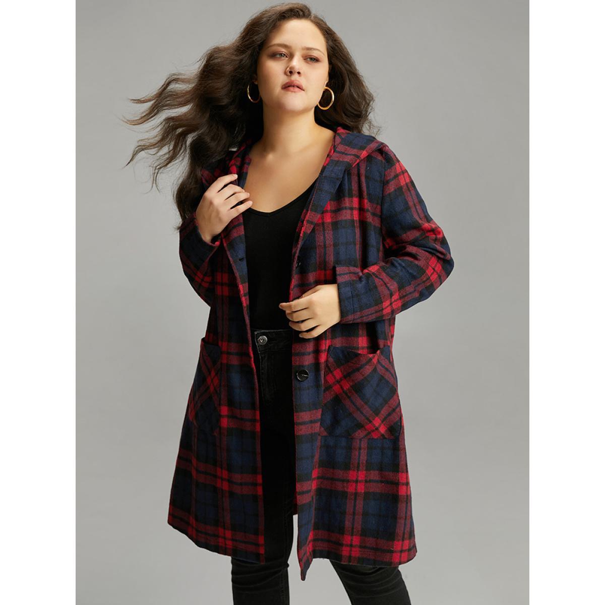 Plus Size Plaid Button Through Pocket Hooded Coat Women Indigo Casual Contrast Ladies Everyday Winter Coats BloomChic 26/4X Product Image