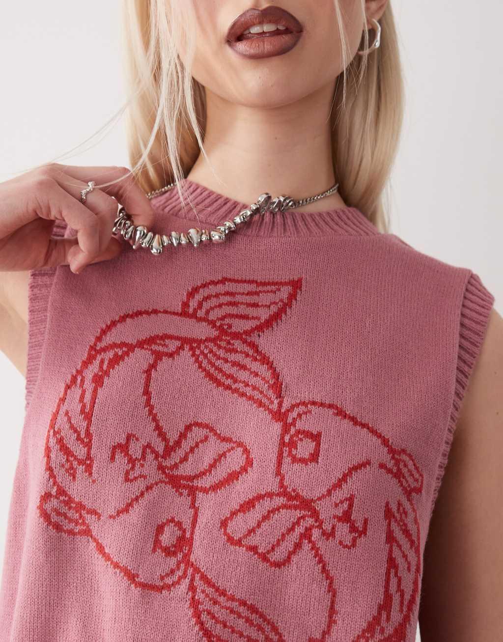 Reclaimed Vintage knit tank with fish print in pink Product Image