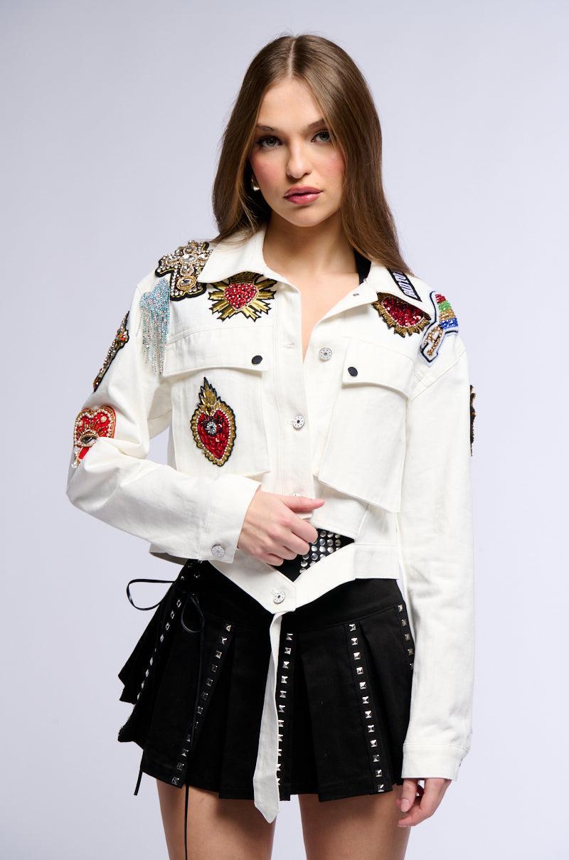 COUNT YOUR BLESSINGS CROP DENIM JACKET WITH PATCHES Product Image