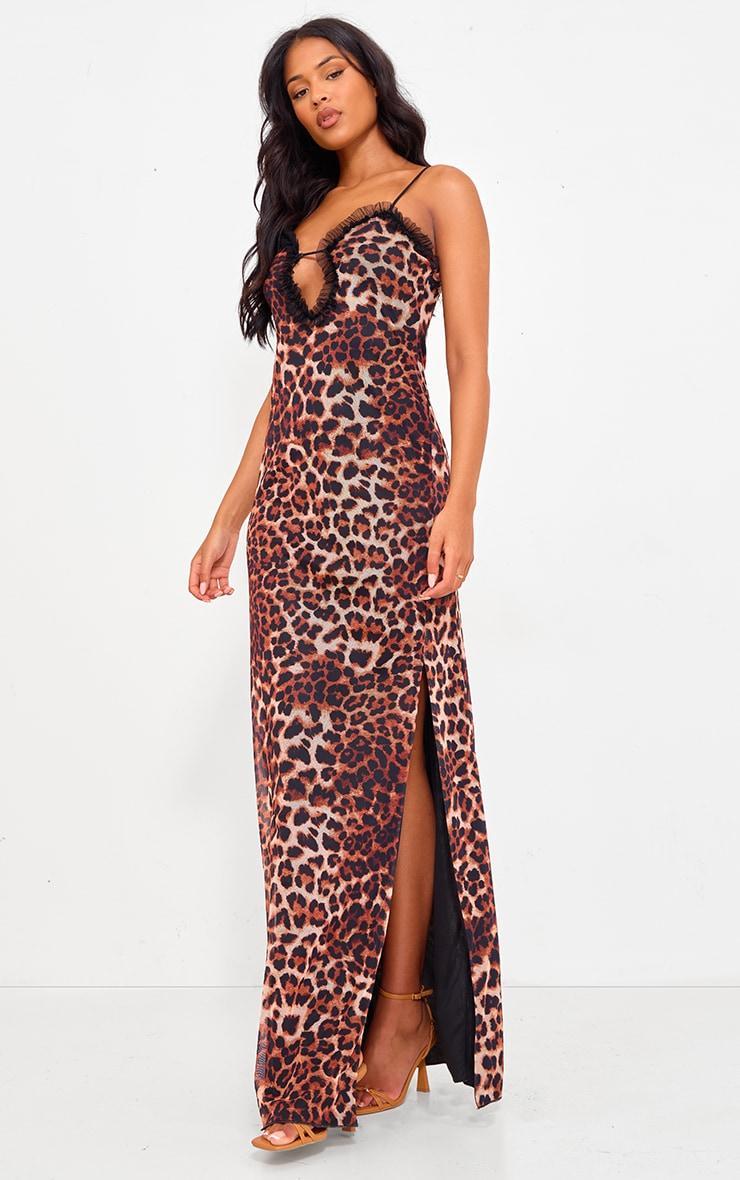 Tall Brown Leopard Mesh Maxi Dress Product Image