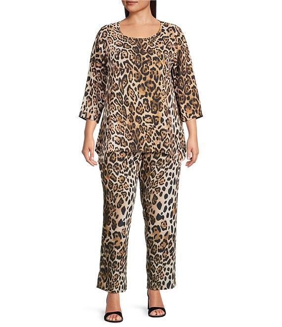 Caroline Rose Plus Coordinating Leopard Print Matte Crepe Scoop Neck 3/4 Sleeve Party Top Product Image