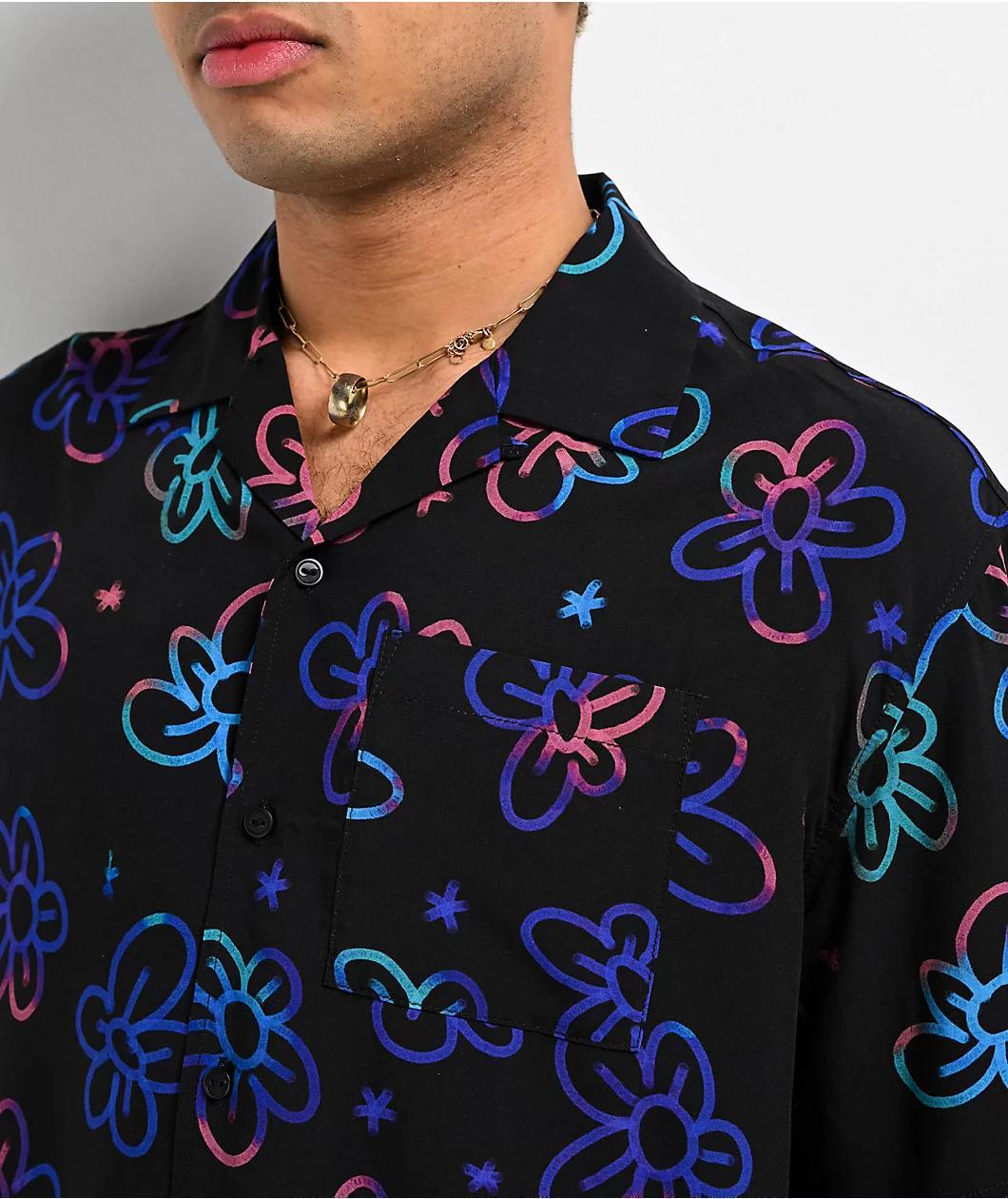 A.LAB Skip Floral Black Short Sleeve Button Up Shirt Product Image