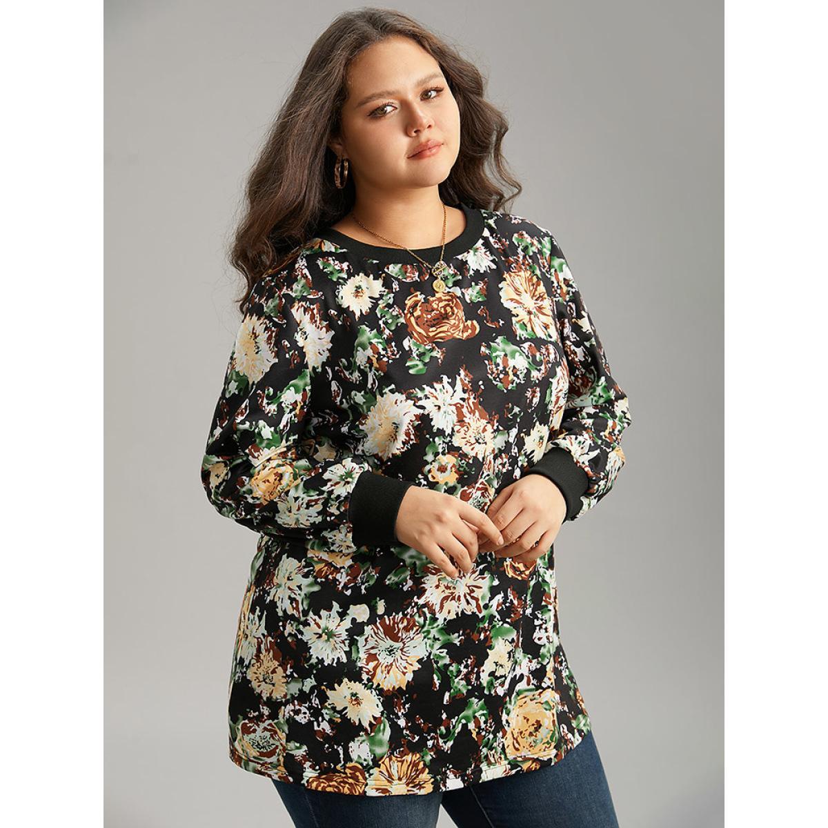 Plus Size Floral Print Elastic Cuffs Sweatshirt Women Black Elegant Printed Round Neck Dailywear Sweatshirts BloomChic 12/L Product Image