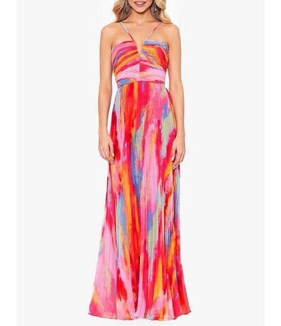Xscape Abstract Print Pleated Chiffon Halter Neckline Sleeveless Maxi Dress Product Image