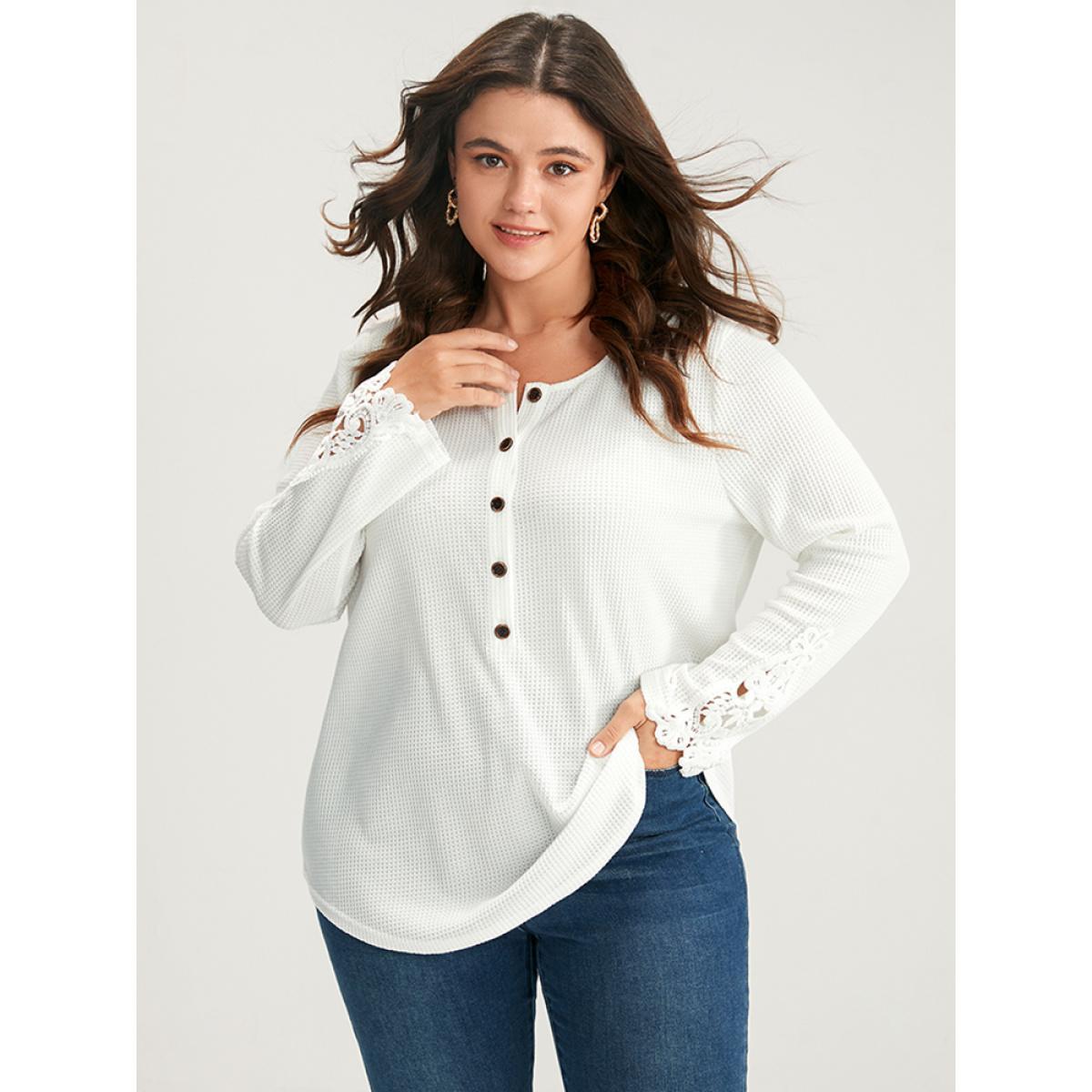 Plus Size Solid Button Up Waffle Knit Long Tee White Women Elegant Plain Plain Round Neck Dailywear T-shirts BloomChic 12/L Product Image