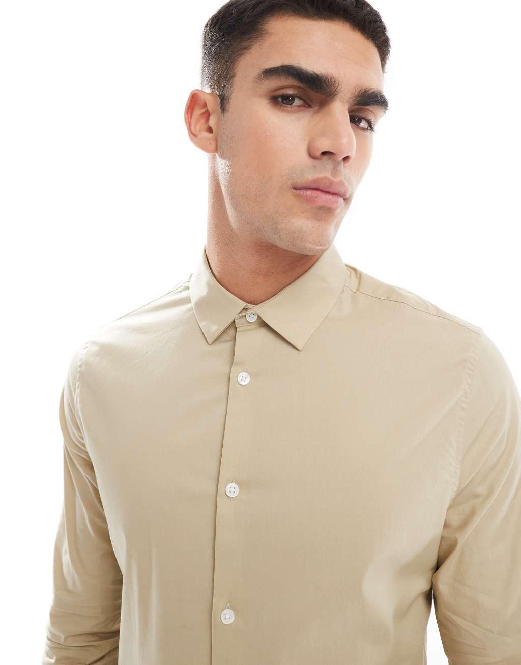 ASOS DESIGN skinny poplin shirt in stone Product Image