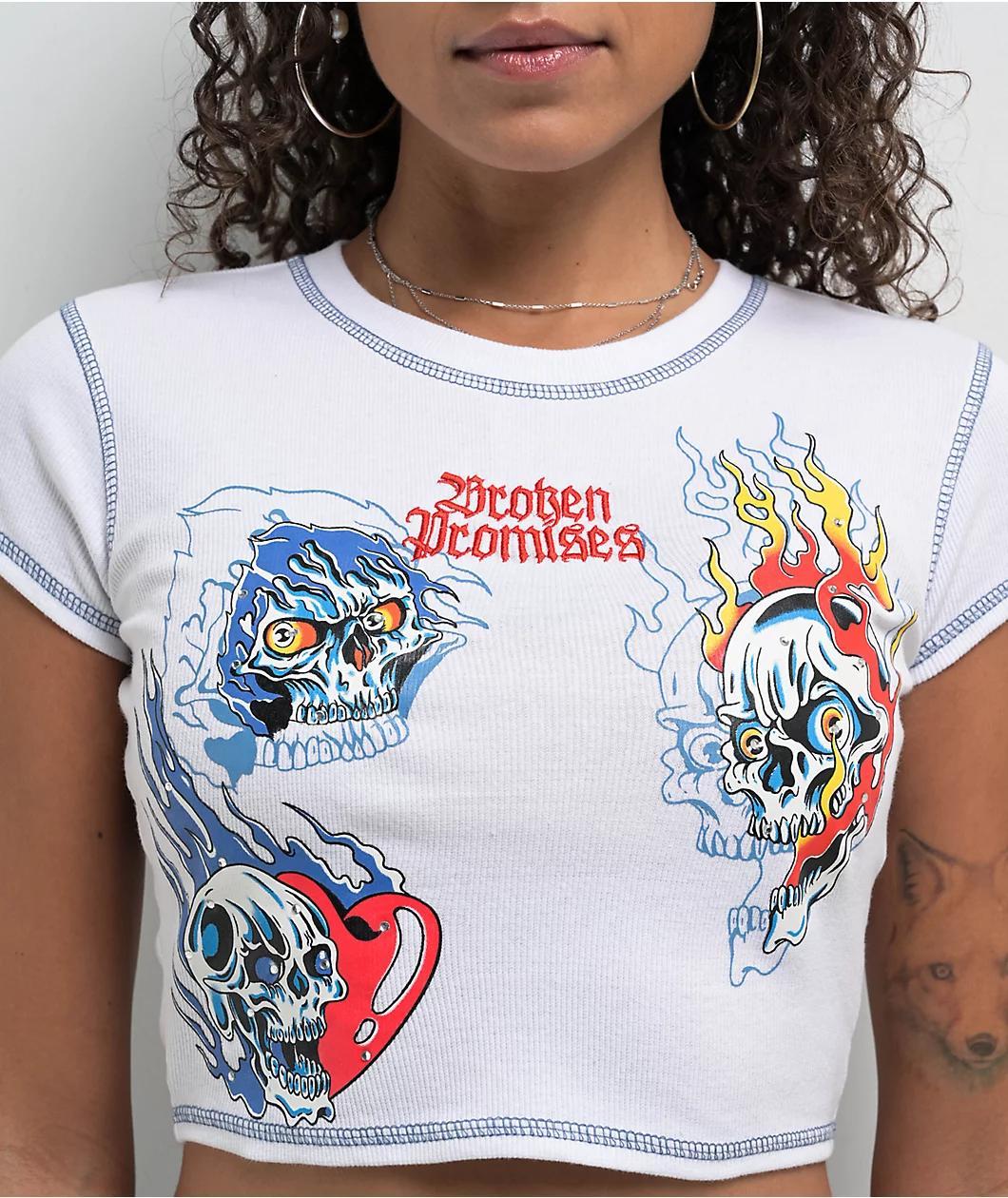 Broken Promises Skelephobia White Ribbed Crop T-Shirt Product Image